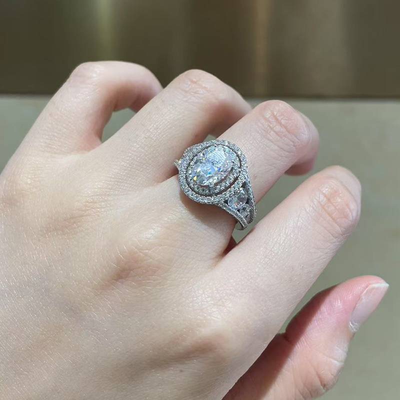 豪镶蛋形Women's RingS925银镀白金定制选款主石Moissanite2.5ct/副石高碳钻